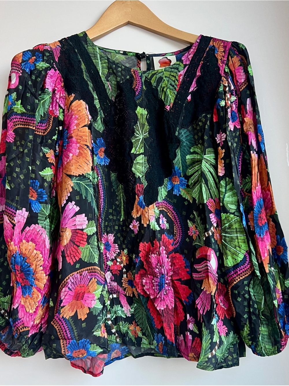 FARM Rio Beach Toucans Scarf Blouse NWT Small Floral Lace Top